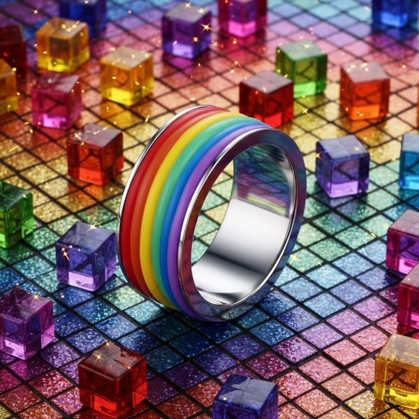 Close-up of a silver ring with raised rainbow-colored bands on a colorful tiled surface