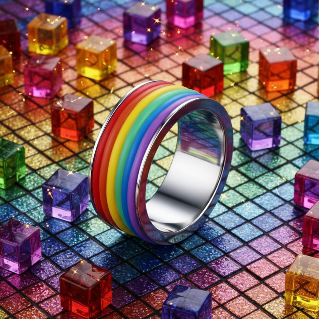 All-Over Rainbow Pride Ring, a silver band with vibrant inlaid rainbow stripes, exudes bold queer energy. It rests on a glittery surface, surrounded by colorful cubes, celebrating LGBTQIA+ pride and self-expression.