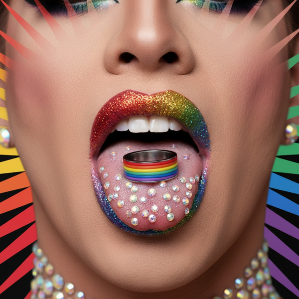 Close-up of a mouth wearing glittery rainbow-gradient lipstick and rhinestone-studded tongue showcasing the All-Over Rainbow Pride Ring, a bold, empowering symbol of LGBTQIA+ pride and self-expression.