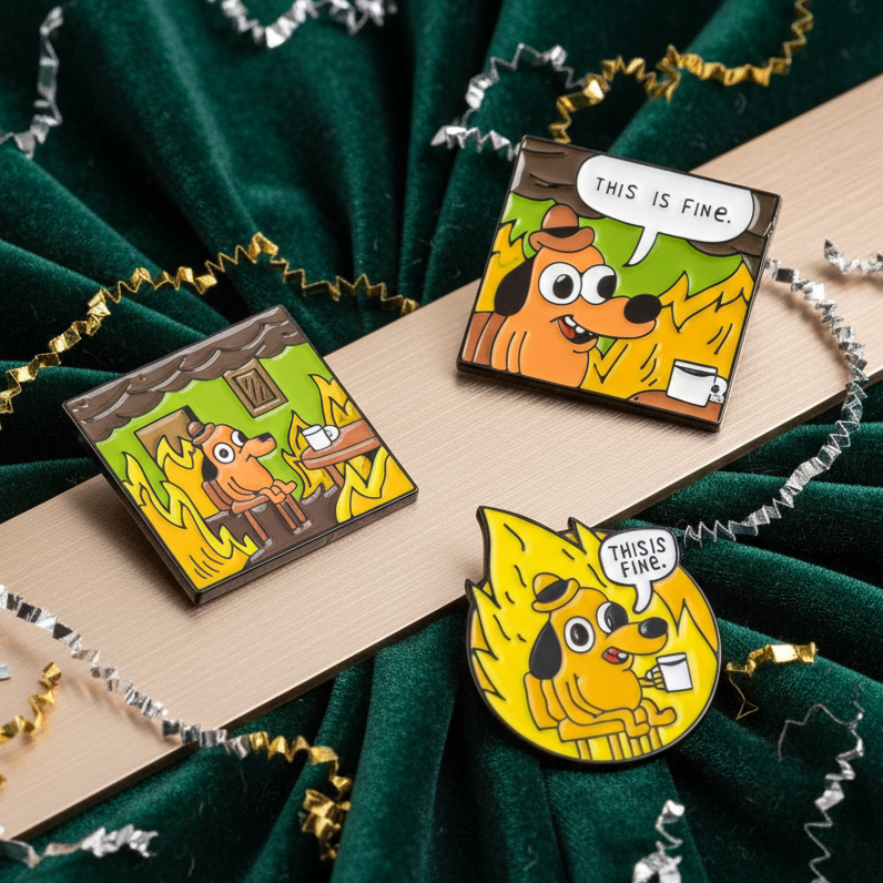 Three enamel pins featuring cartoon dogs surrounded by flames, including “THIS IS FINE” speech bubbles