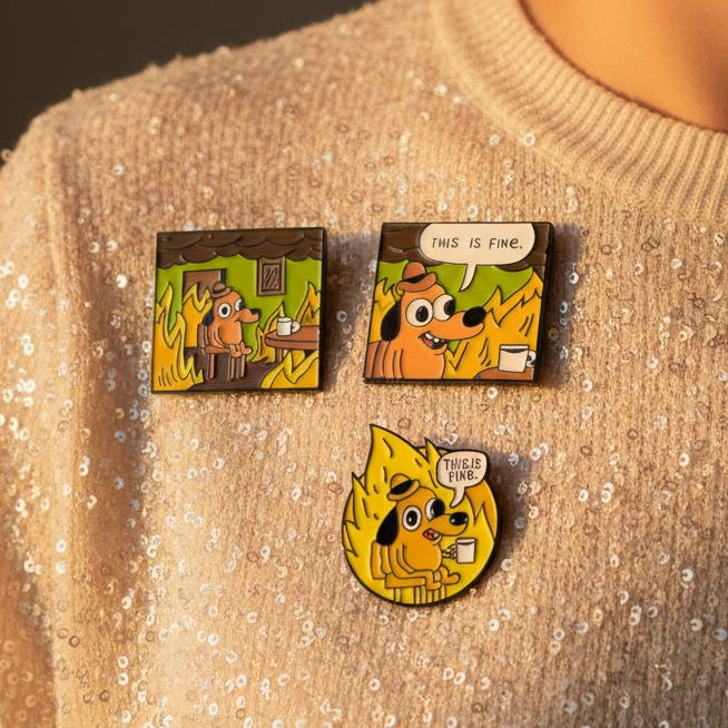 Three enamel pins depict the “This Is Fine” dog amid flames, including a speech-bubble design