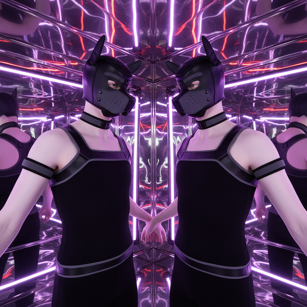 Two people in black pup hoods, collars, and harnesses pose in a mirrored neon room