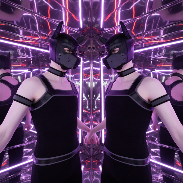 Two people in black pup hoods, collars, and harnesses pose in a mirrored neon room