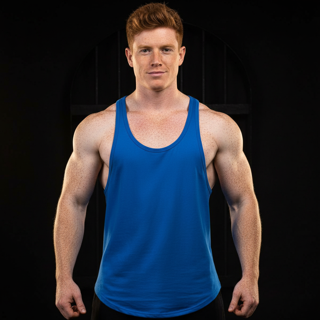 Muscular fair-skinned man in bright blue Classic Muscle Gym Tank Top exudes bold, sexy confidence. This athletic wear, ideal for gym or casual outings, embodies queer pride and self-expression.