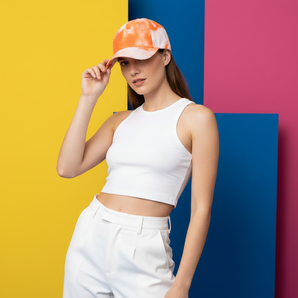 Orange-and-white tie-dye corduroy baseball cap worn by a model