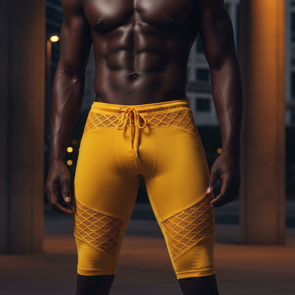 Model wearing mustard-yellow compression shorts with diamond-mesh panels and a drawstring waist