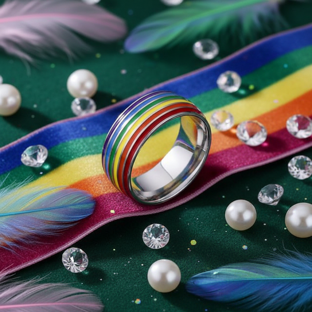 Rainbow-striped LGBT Pride band ring displayed on a rainbow ribbon with feathers and gems