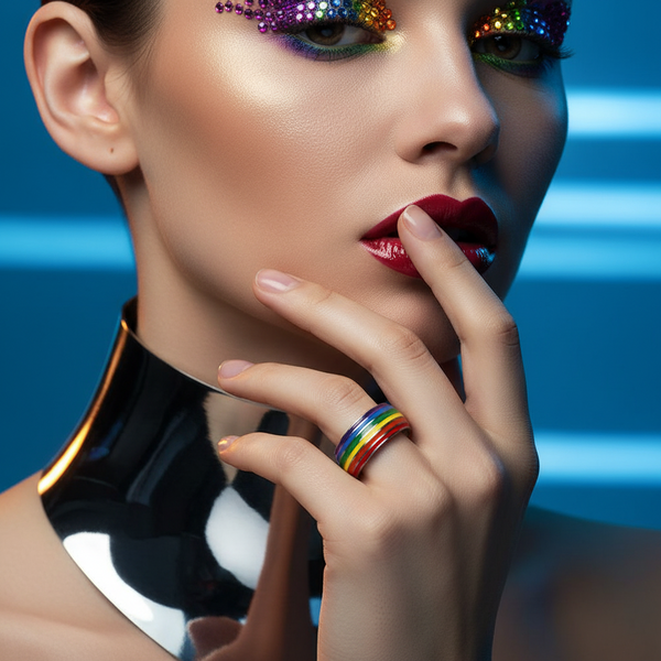 LGBT Pride Ring on hand with rainbow stripes, enhancing bold self-expression. Paired with multicolored rhinestone makeup and vibrant red lips, embodying fierce, proud LGBTQIA+ visibility and empowerment.