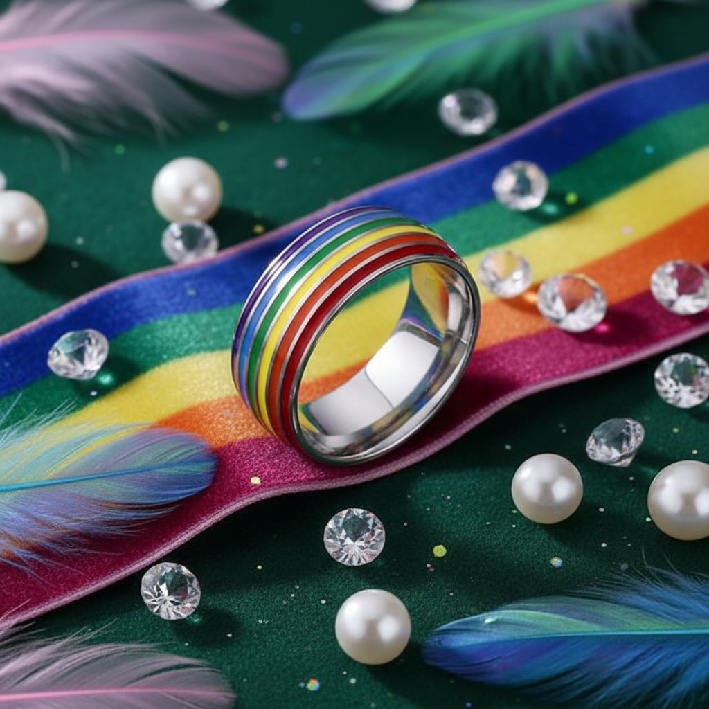 LGBT Pride Ring: A polished metal band with vibrant rainbow stripes, resting on a matching ribbon amidst pearls, crystals, and pastel feathers, embodying bold queer pride and self-expression.