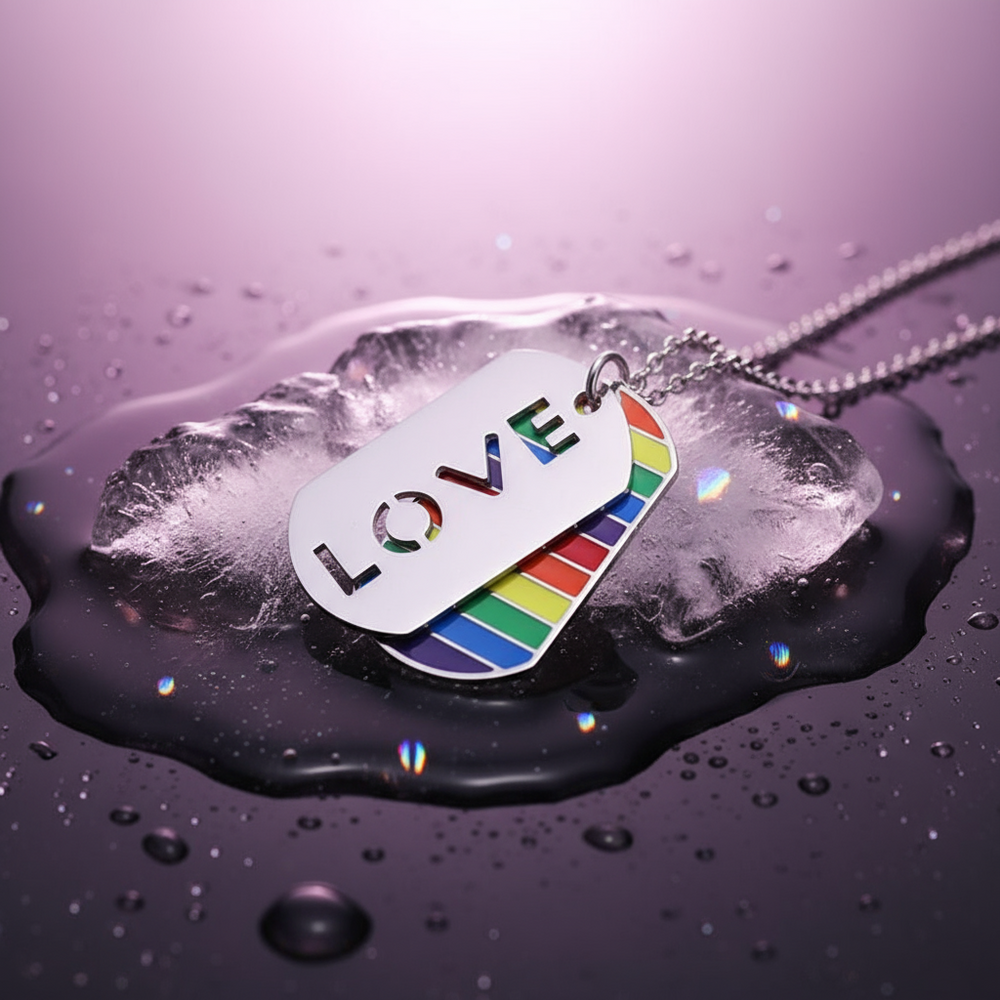 Two overlapping rainbow-striped dog-tag pendants, one reading LOVE, on a chain