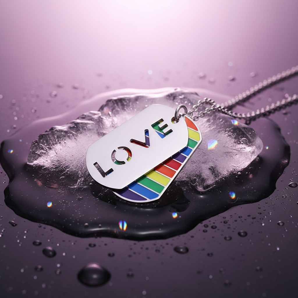Two overlapping rainbow-striped dog-tag pendants, one reading LOVE, on a chain