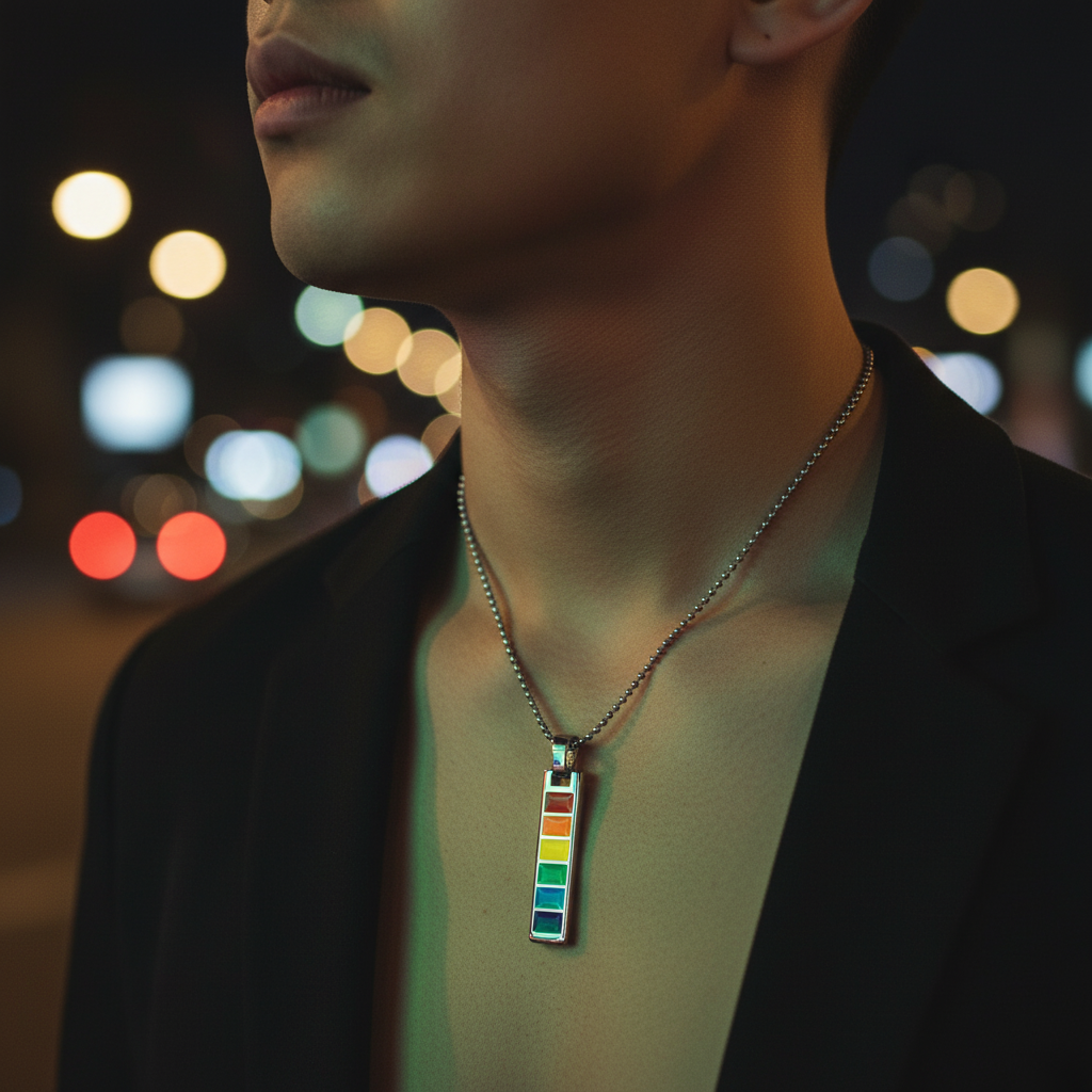 Close-up of a rainbow traffic-light pendant necklace on a person in a black jacket