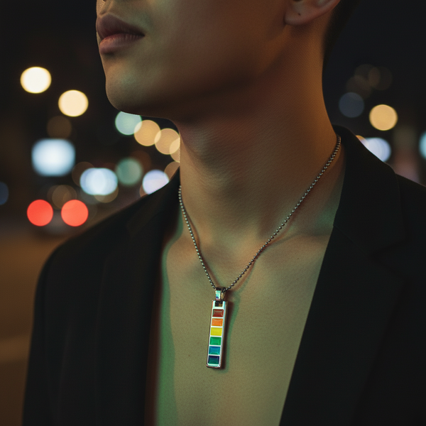 Close-up of a rainbow traffic-light pendant necklace on a person in a black jacket