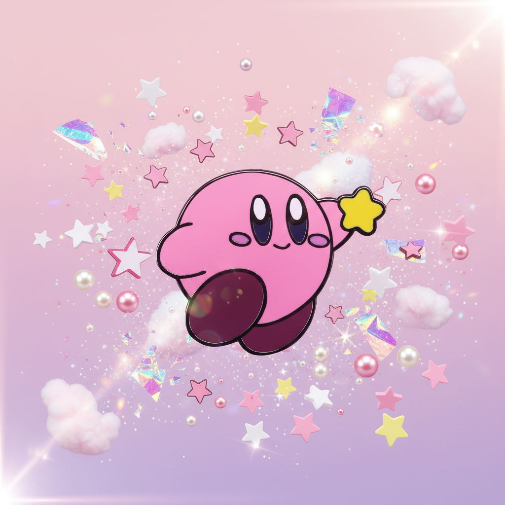 Pink Kirby enamel pin design holding a yellow star amid pastel stars and clouds