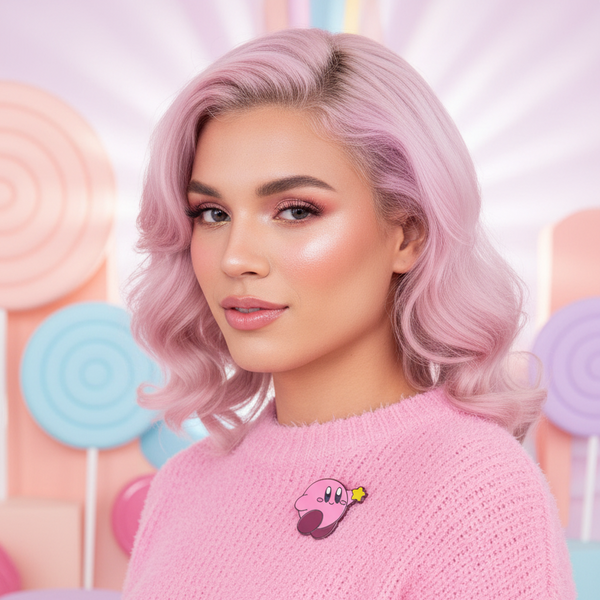 Model wearing a pink Kirby enamel pin with a yellow star on a pink sweater