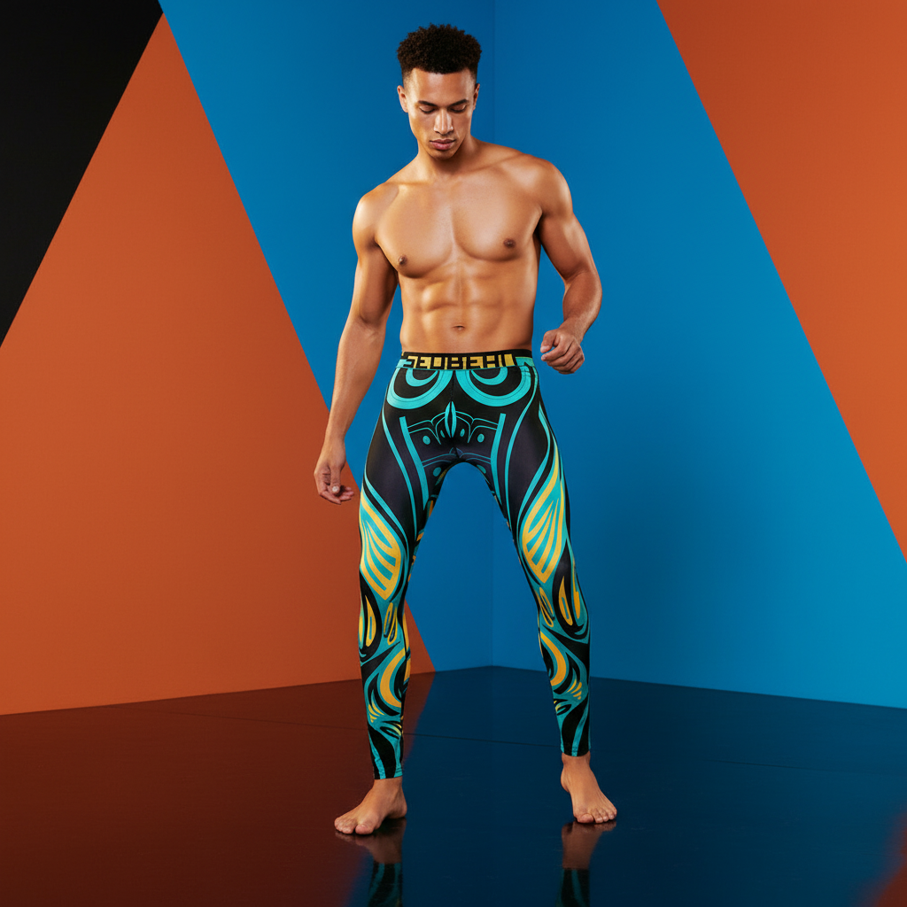 Seobean Elemental Workout Leggings—polyester-spandex, blue, yellow, and black queer-tastic motifs, gold-detailed waistband.