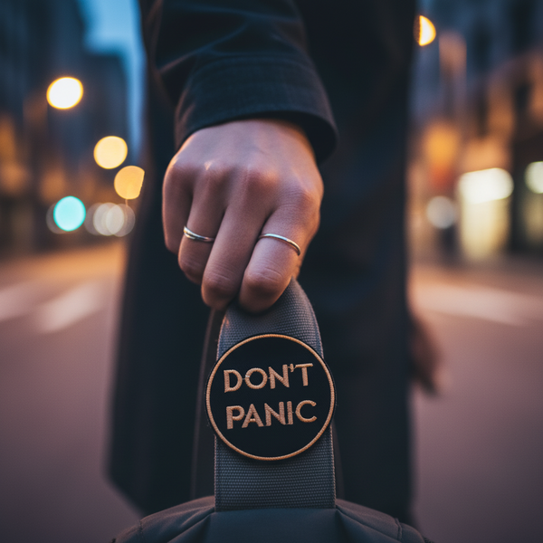 Hand holding a black embroidered patch reading “DON’T PANIC” on a strap