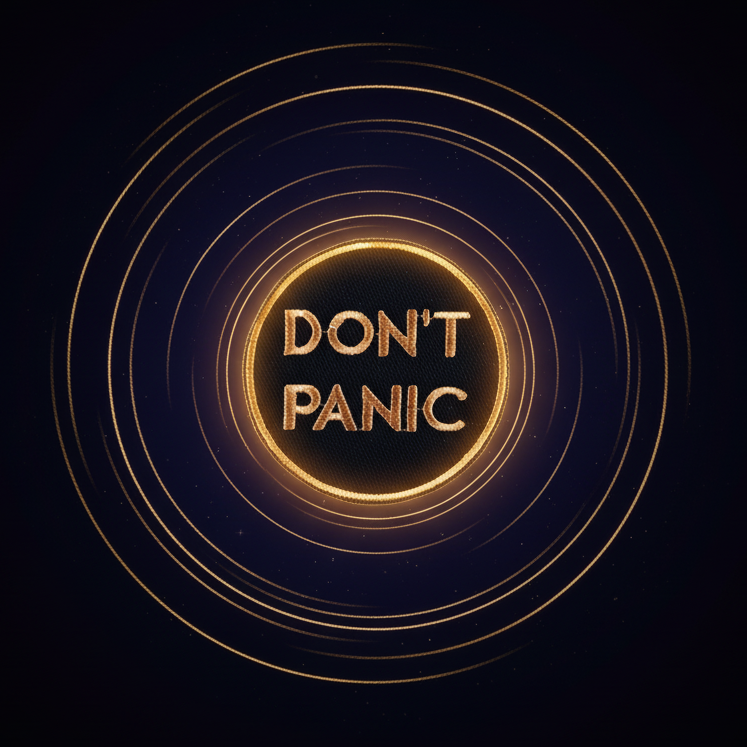 Round black embroidered patch with gold border and the words “DON’T PANIC”