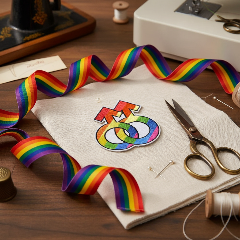 Rainbow embroidered “One Love” iron-on patch on fabric beside ribbon and sewing tools