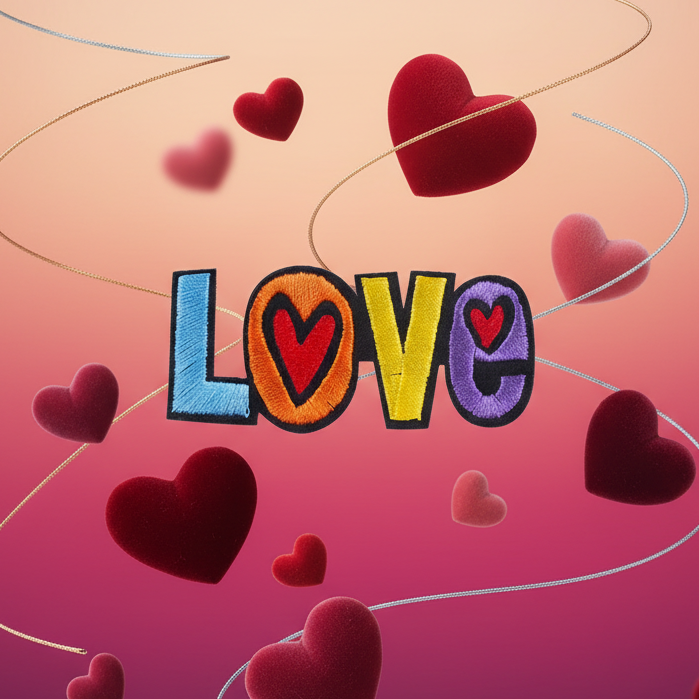 LOVE embroidered iron-on patch with colorful letters and heart designs