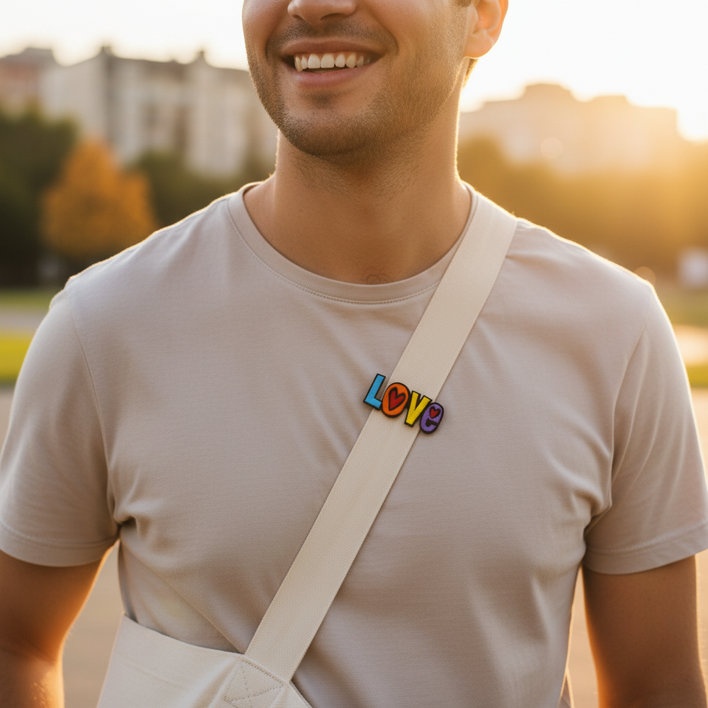 Colorful LOVE embroidered patch with heart details worn on a white shoulder strap
