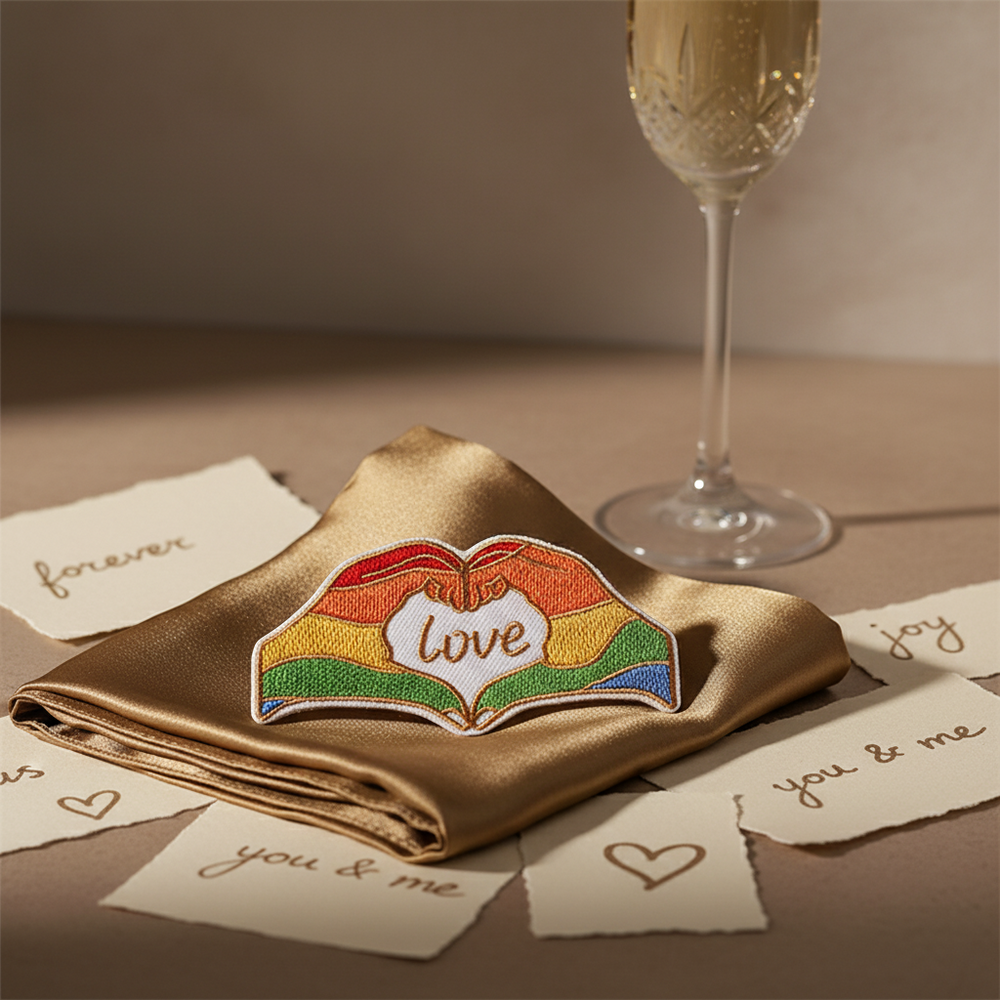 Love embroidered iron-on patch with rainbow-striped clasped hands on folded satin