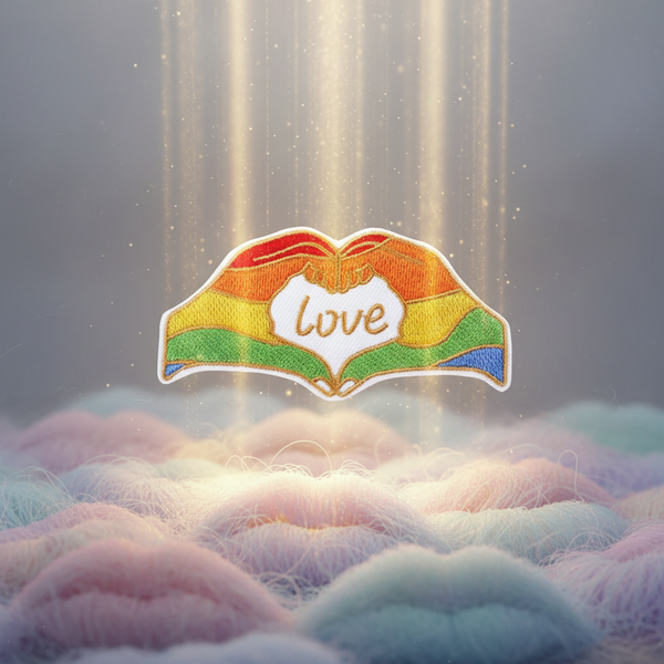 Embroidered rainbow patch with a heart-shaped design and the word “love”