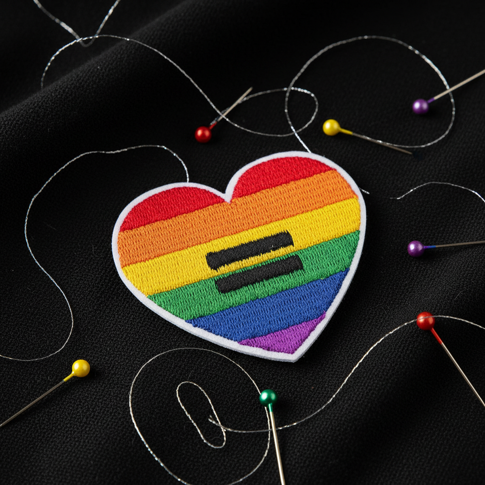 Close-up of a rainbow heart embroidered patch with a black equals sign, surrounded by sewing pins