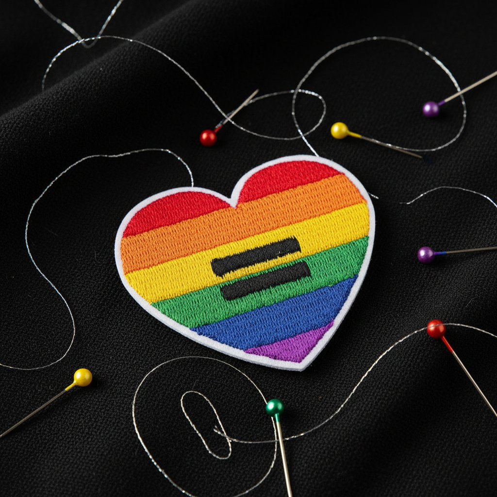 Close-up of a rainbow heart embroidered patch with a black equals sign, surrounded by sewing pins