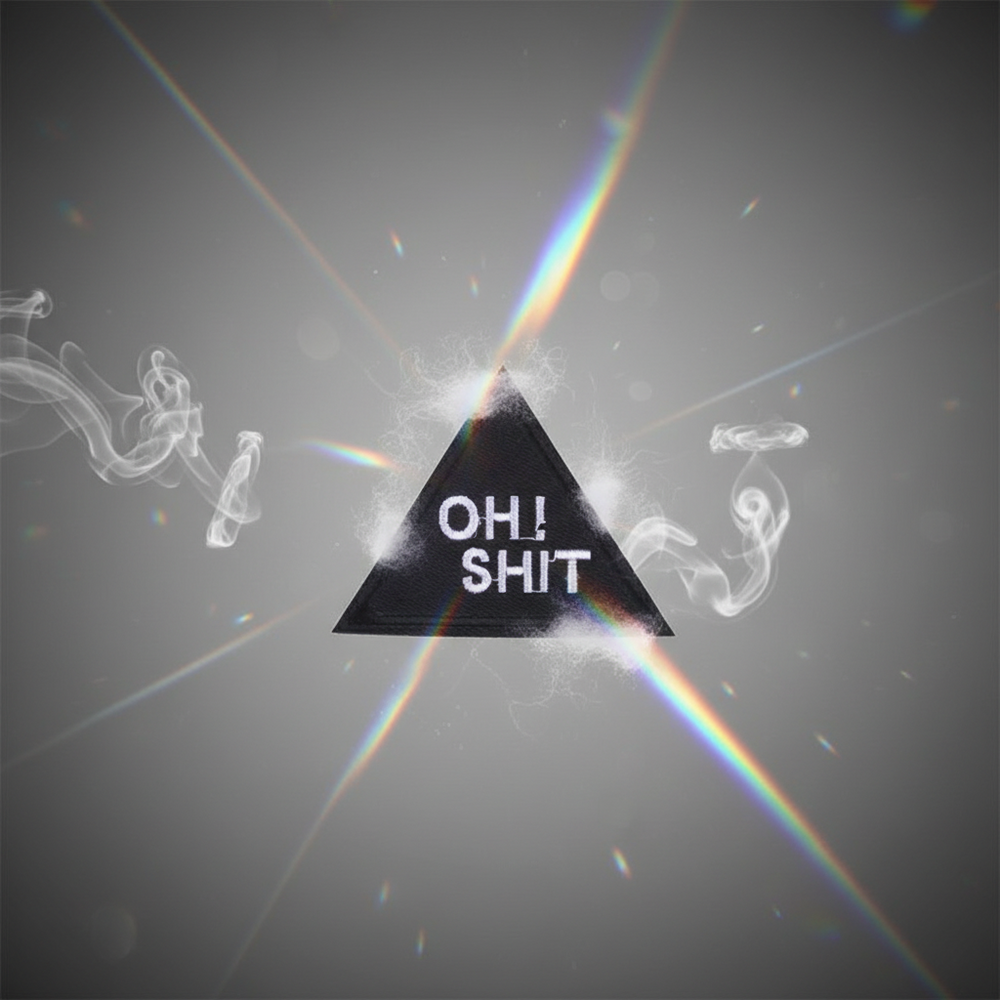 Black triangular embroidered patch reading “OH! SHIT” on a smoky background