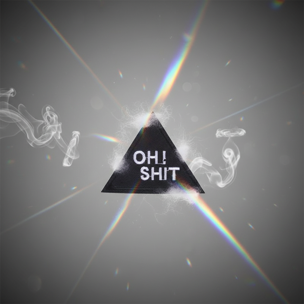 Black triangular embroidered patch reading “OH! SHIT” on a smoky background