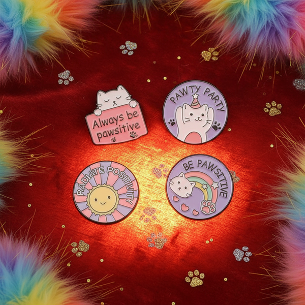Four pastel cat enamel pins with paw prints and positive slogans on red satin
