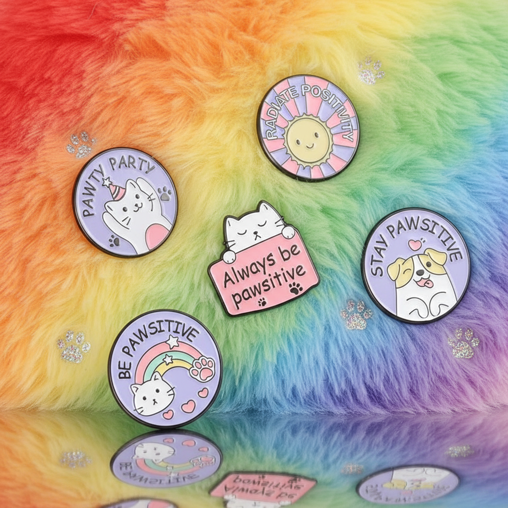 Five pastel cat and dog enamel pins arranged on rainbow faux fur, with paw prints