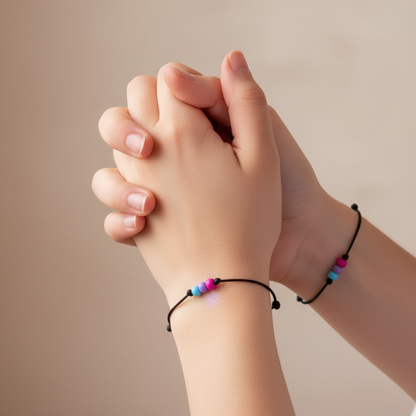 Two black cord bracelets with pink, purple, and blue bisexual pride beads worn on clasped hands