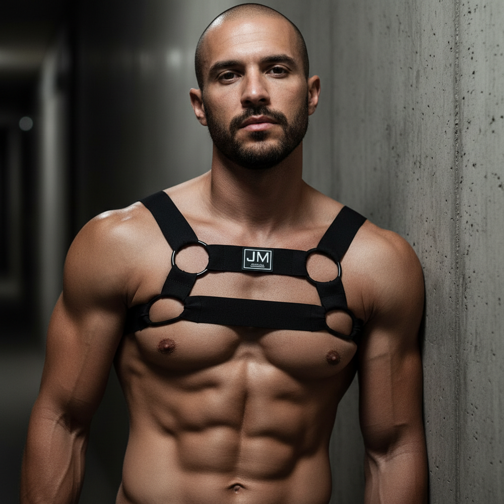 Model wearing a black elastic chest harness with four O-rings and shoulder straps