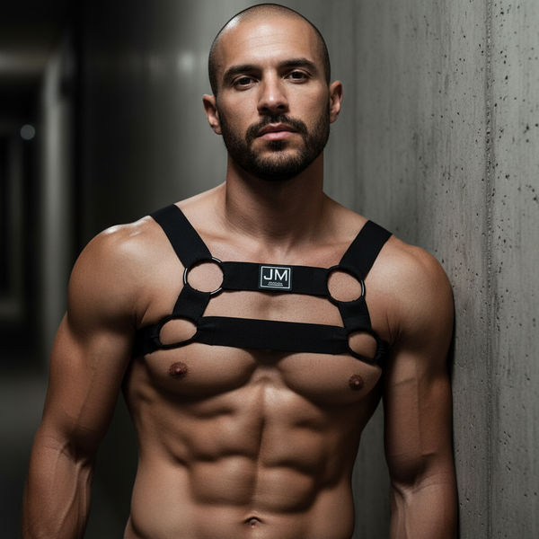 Model wearing a black elastic chest harness with four O-rings and shoulder straps