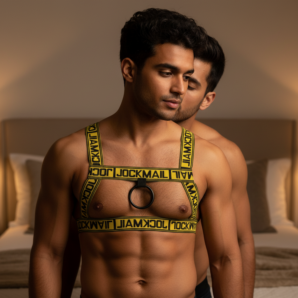 Black and yellow Jockmail chest harness with O-ring, worn by a model