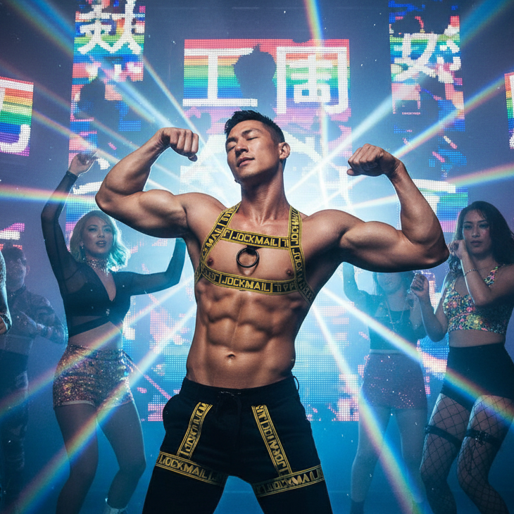 A muscular man showcases the Jockmail Elastic Body Chest Harness, exuding confidence in a vibrant club setting. The harness highlights his physique, embodying pride and self-expression with a bold, empowering flair.