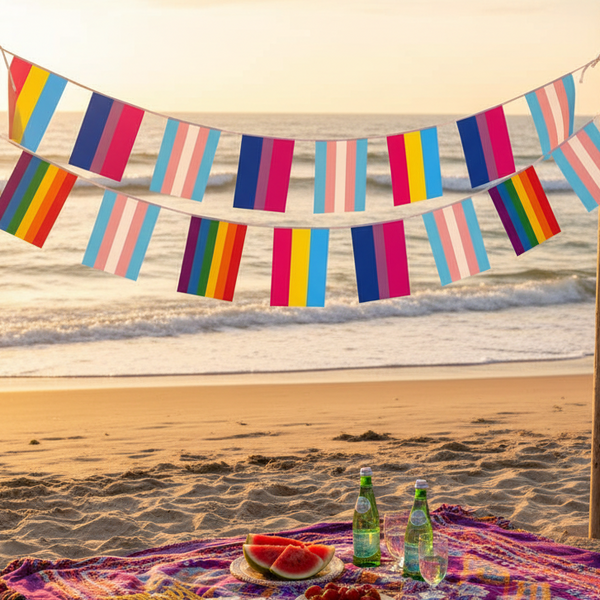 LGBTQ Mixed Pride Flag Bunting adorned with vibrant flags for diverse identities, hung between posts at a serene beach, capturing inclusive celebration with a picnic of watermelon, strawberries, and drinks on a woven blanket.