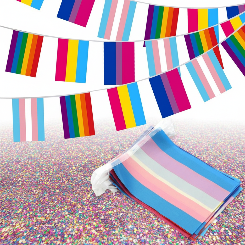 LGBTQ Mixed Pride Flag Bunting strings with vibrant flags in diverse rainbow colors hang overhead, showcasing bisexual, pansexual, transgender, and classic pride flags, resting on glittered surface, celebrating bold queer visibility.