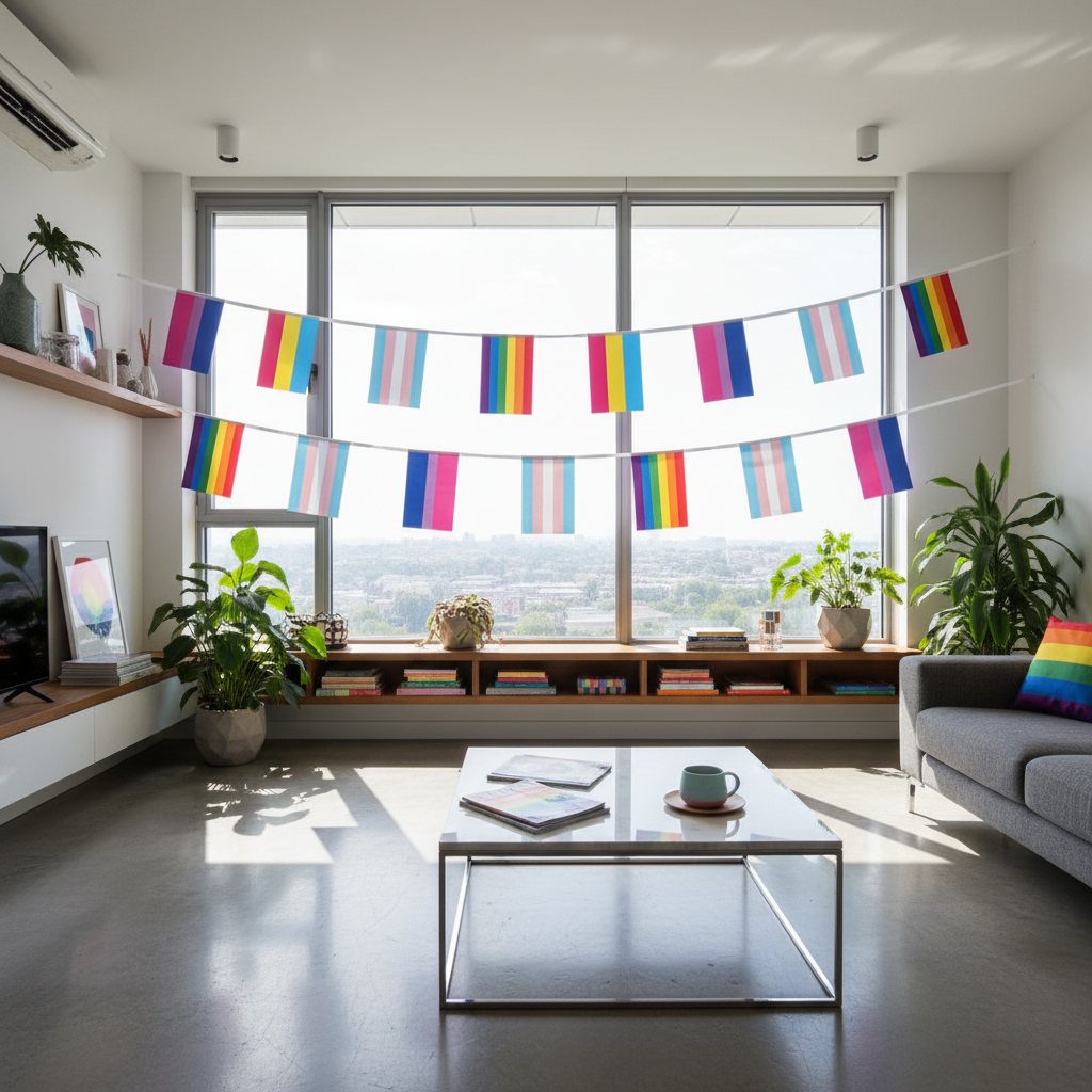 Mixed Pride flag bunting strung across a bright living room with rainbow and identity flags