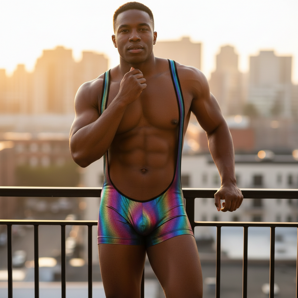 Rainbow-print bodysuit with deep scoop front and shoulder straps, worn on a rooftop
