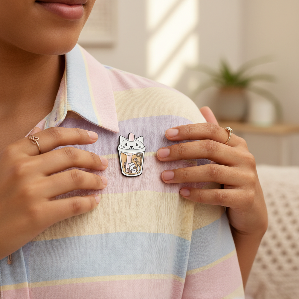 Close-up of a cat-shaped milk tea enamel pin worn on a pastel striped shirt