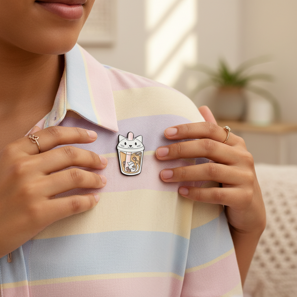 Close-up of a cat-shaped milk tea enamel pin worn on a pastel striped shirt