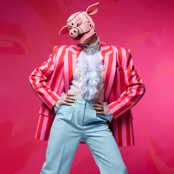 Model wearing a pink pig BDSM hood with snout and upright ears, styled in a striped suit