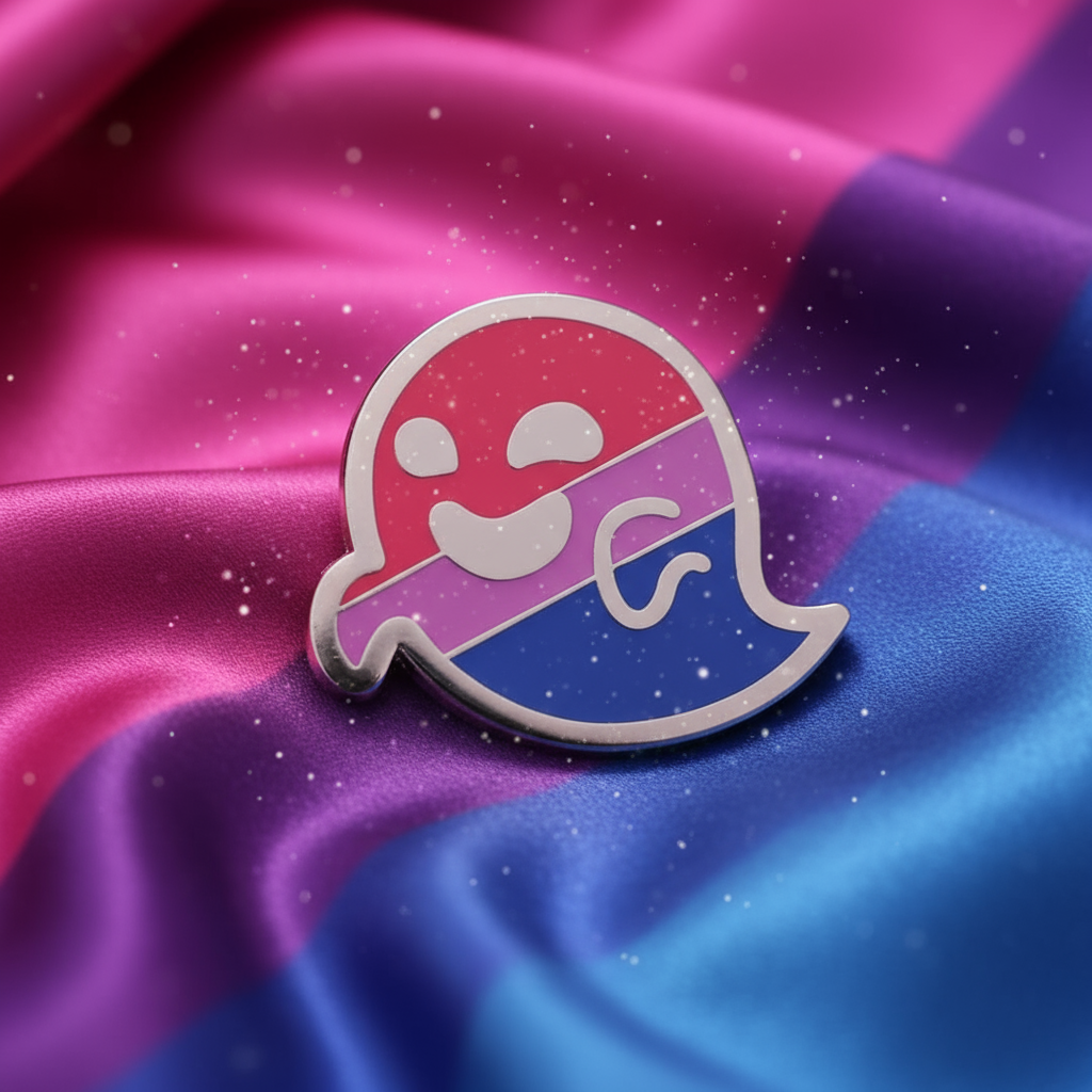 Bisexual pride ghost enamel pin with a smiling face on pink, purple, and blue fabric