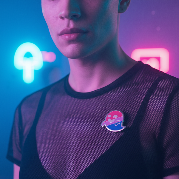 Bisexual ghost enamel pin worn on a black mesh shirt