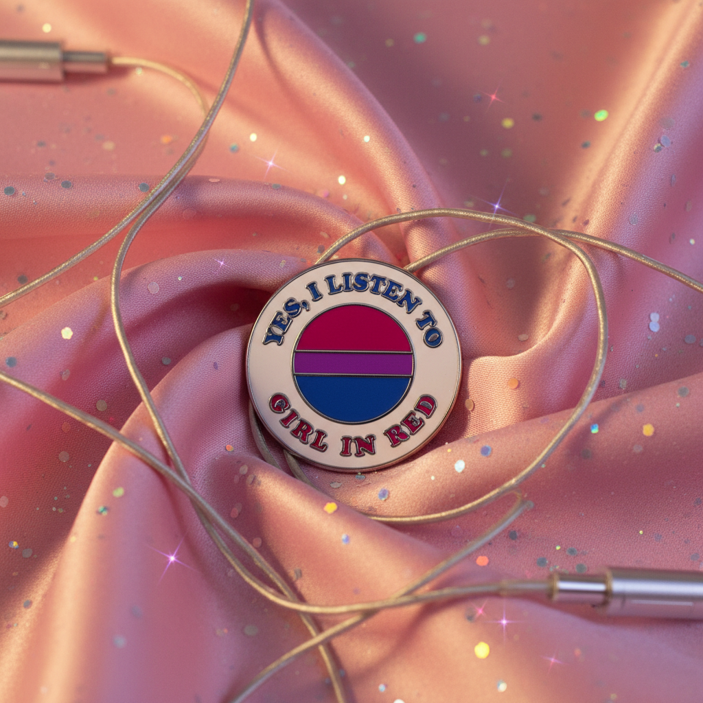 Enamel pin reading “Yes, I Listen to Girl in Red” with bisexual pride colors