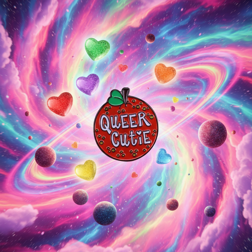 Queer Cutie enamel pin shaped like a red apple, shown against a colorful cosmic heart background