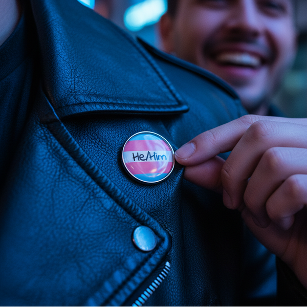 “He/Him” trans pride enamel pin held against a black leather jacket